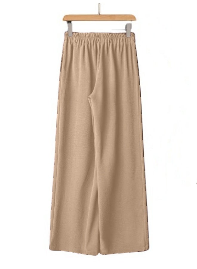 بنطلون نسائي واسع الساقين، بخصر مطاطي ورباط، مقاس حر، مناسب للارتداء اليومي. - Image 2